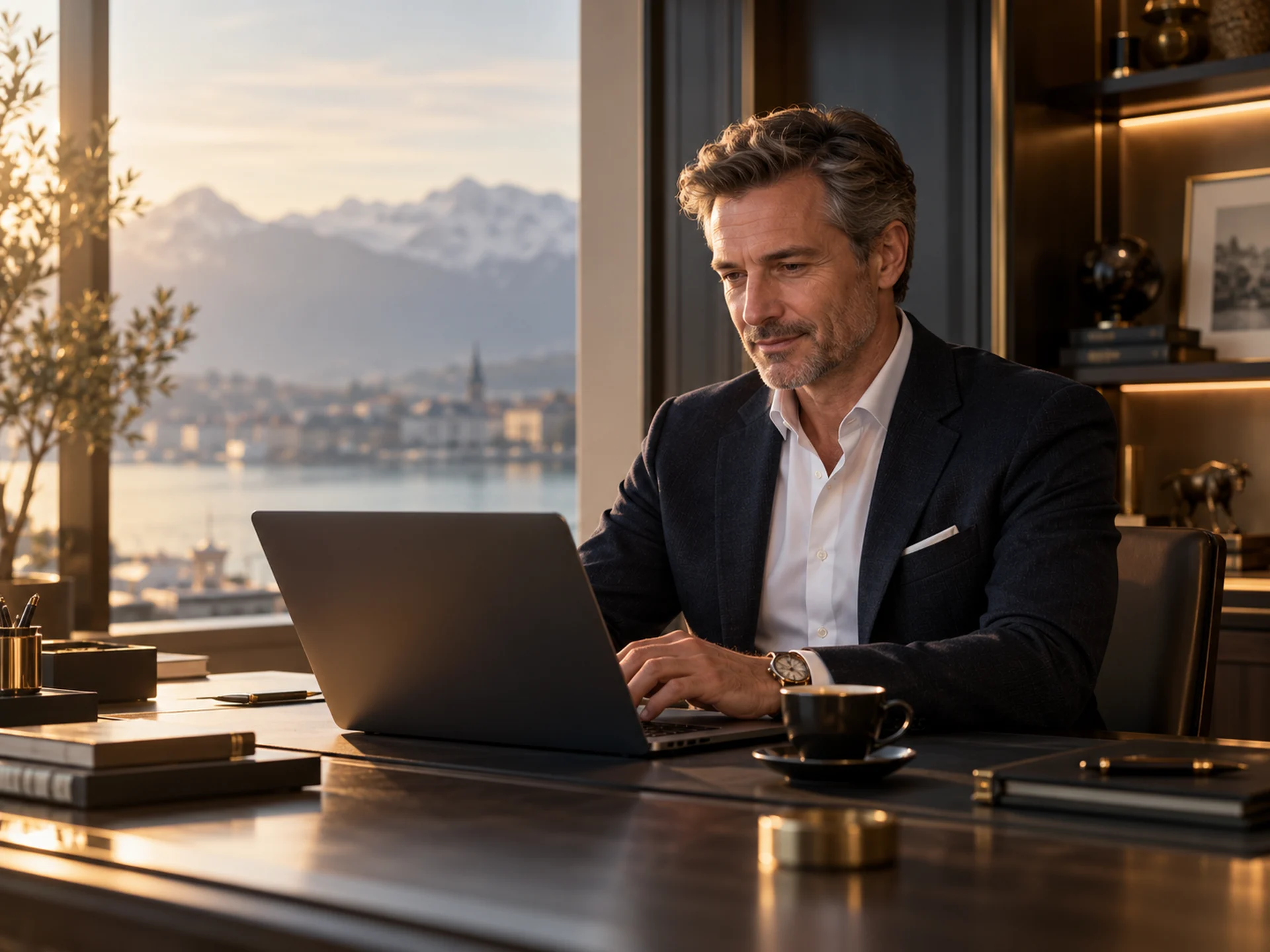 Finanzkunde am Laptop vor einer Schweizer Seelandschaft